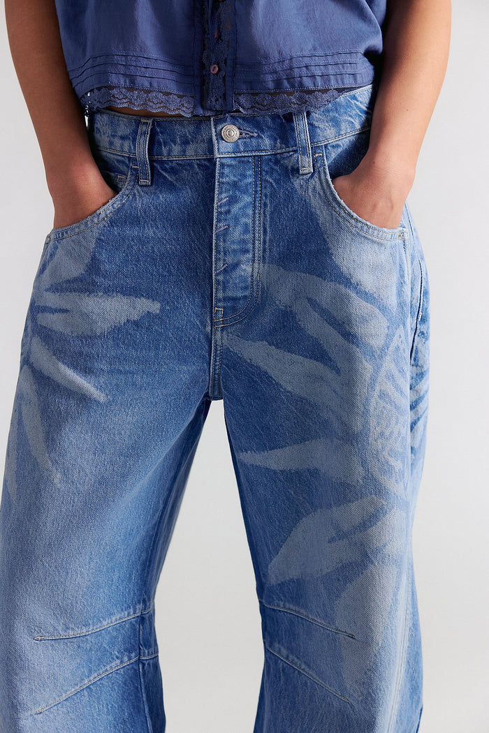 Good Luck Printed Mid Rise Barrel Jeans | Sun Fade Laser