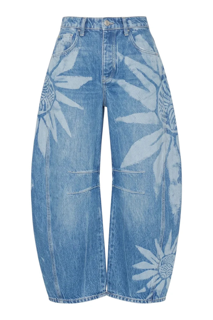 Good Luck Printed Mid Rise Barrel Jeans | Sun Fade Laser