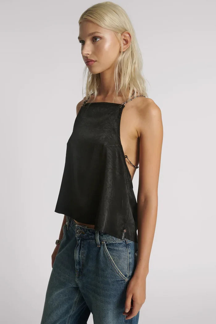 Heaven Chain Satin Backless Top | Black