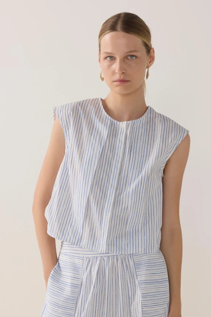 Honey Top | Blue Double Stripe Poplin