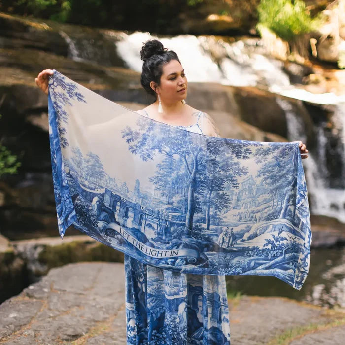 Let the Light in Bohemian Scarf w/ Blue Delft Toile Print