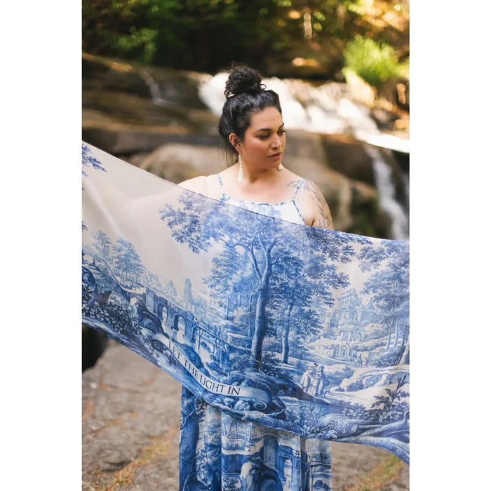 Let the Light in Bohemian Scarf w/ Blue Delft Toile Print
