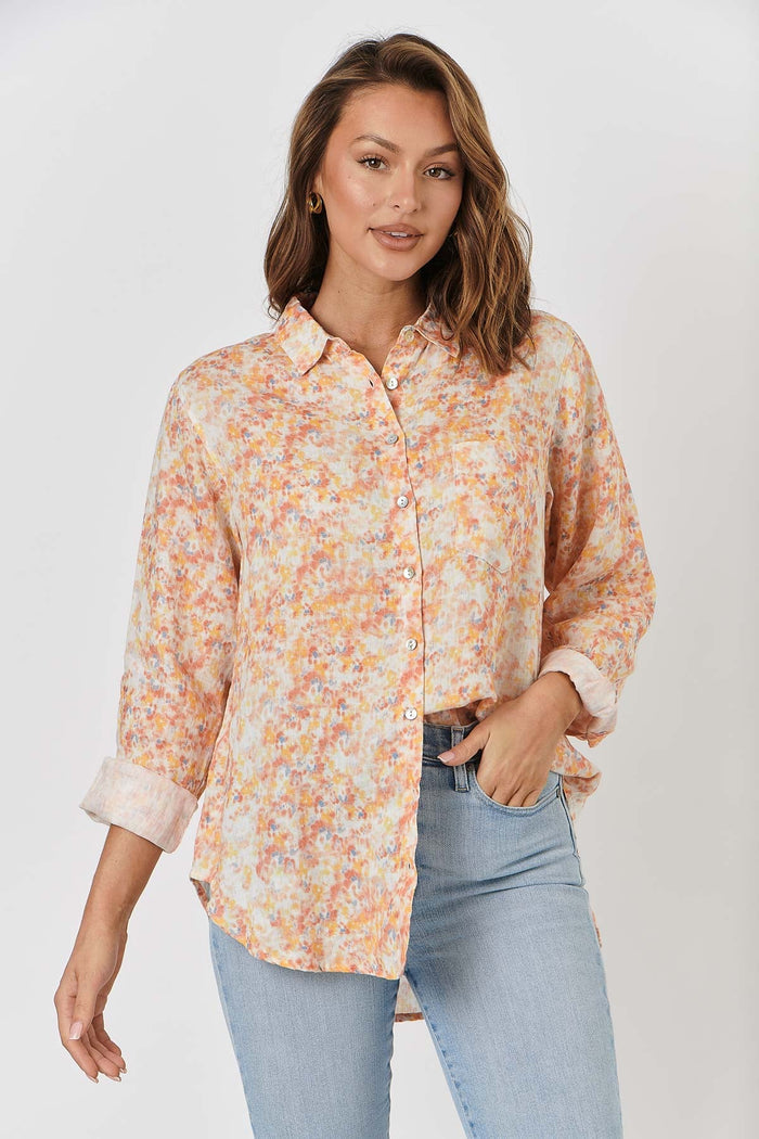 Linen Boyfriend Shirt in Apricot Floral