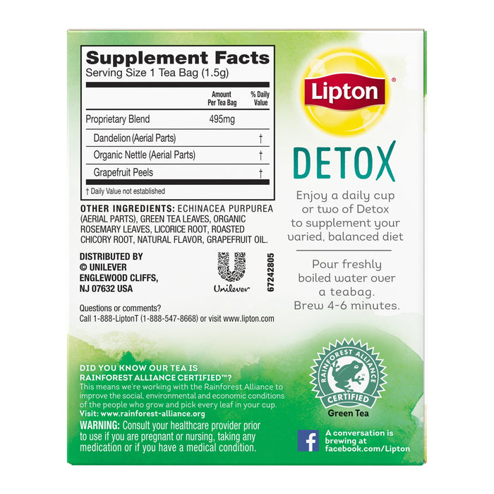 Lipton, Detox Herbal Supplement with Green Tea, Tea Bags, 15 Count Box