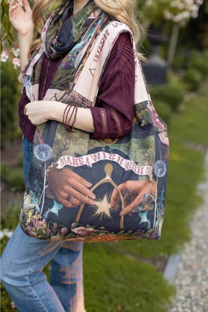 Make A Wish Floral Boho Linen Tote Bag w/ Wishbone Dandelion