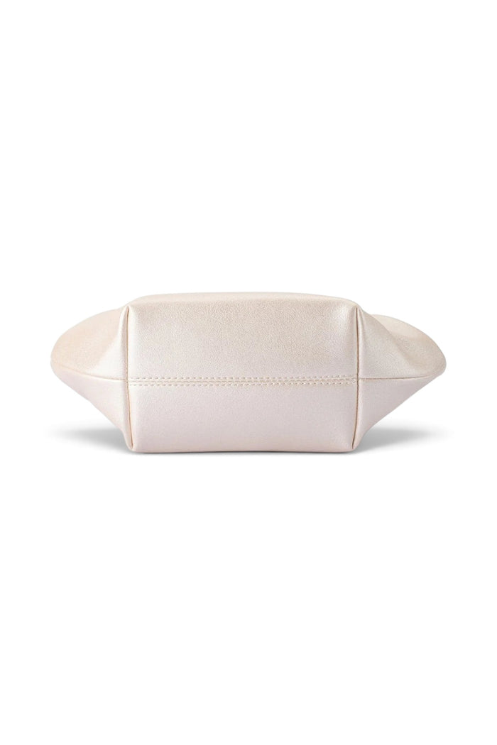 ELSHAM BOUTIQUE Marina pearl clutch in shimmering cream vegan leather, base view showing structured rectangular shape.