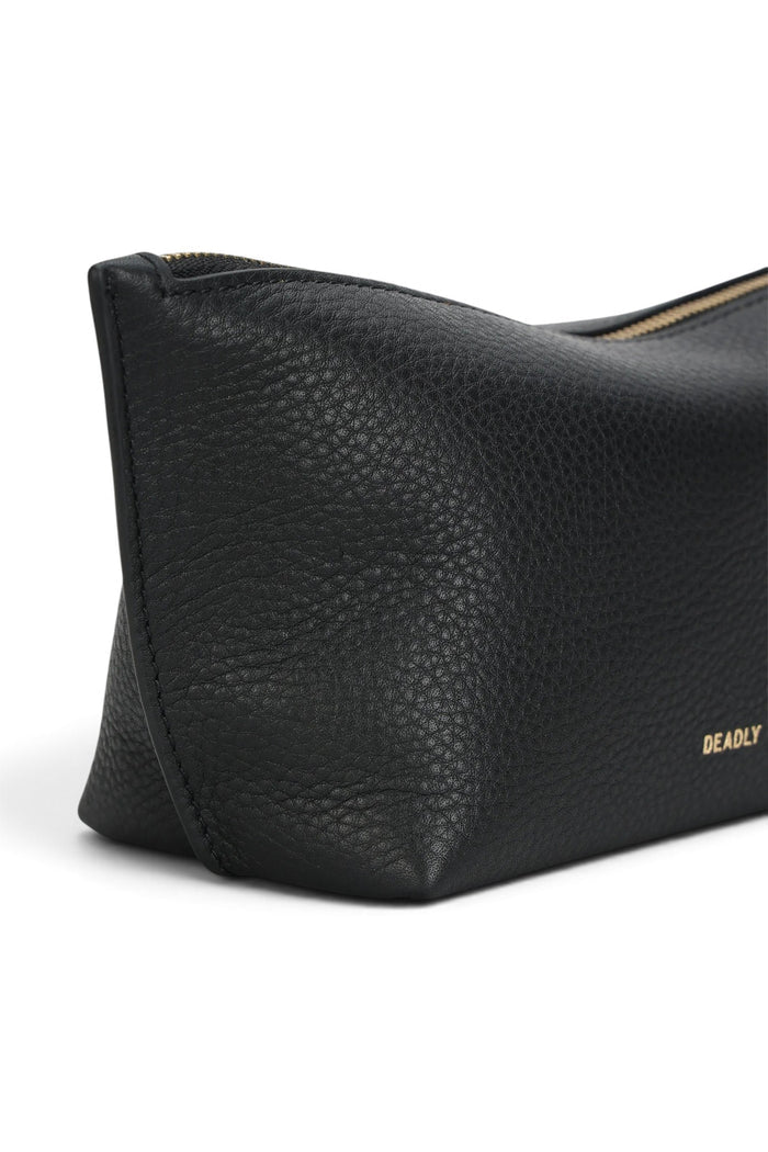 ELSHAM BOUTIQUE black calf nappa leather medium poucher with brass zip closure and gold foil logo detail