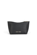 ELSHAM BOUTIQUE black calf nappa leather mini pouch with gold brass zip closure and foil logo embossment