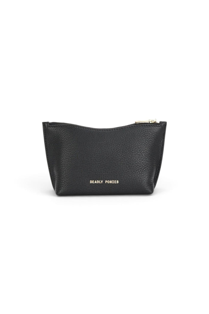 ELSHAM BOUTIQUE black calf nappa leather mini pouch with gold brass zip closure and foil logo embossment