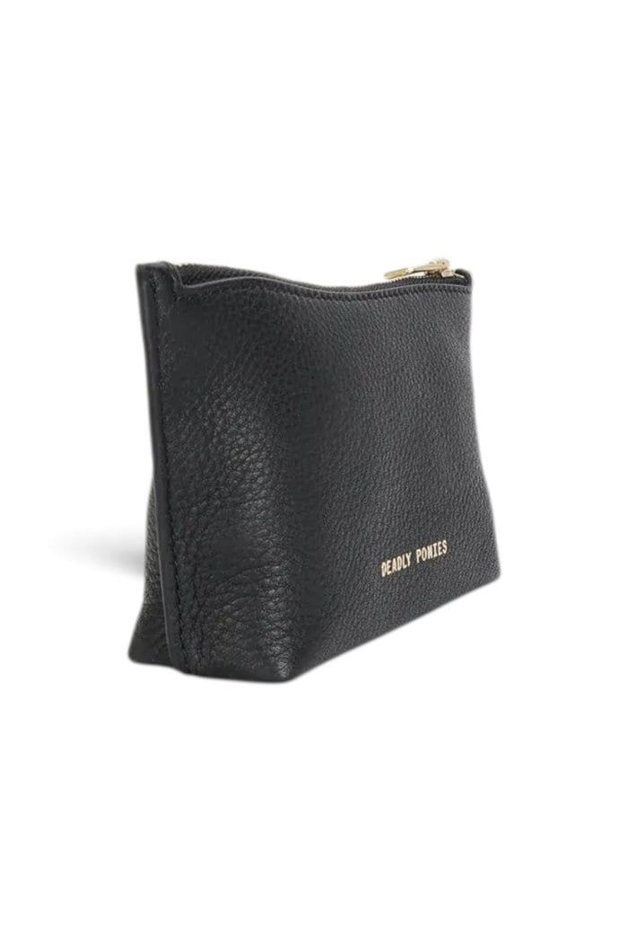 ELSHAM BOUTIQUE black calf nappa leather Mini Poucher with gold brass zip hardware and foil logo embossment