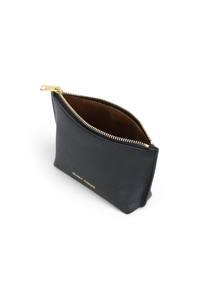 ELSHAM BOUTIQUE black calf nappa leather mini pouch with brass zip closure and suede interior lining