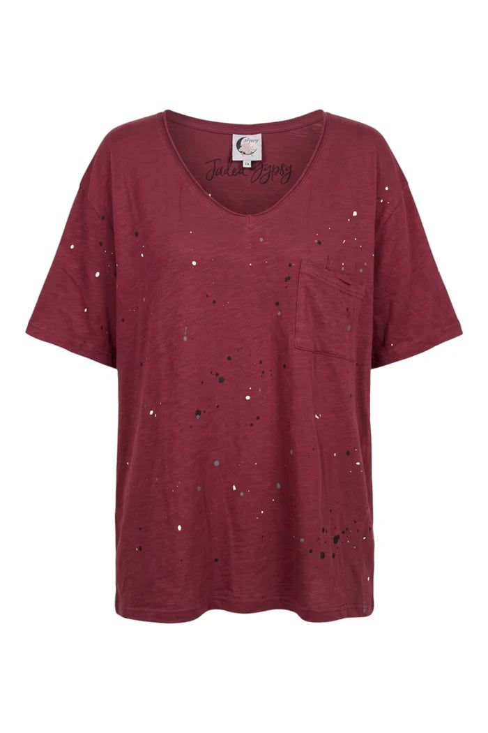 Moon Dance V-Neck Tee | Wine Splatter