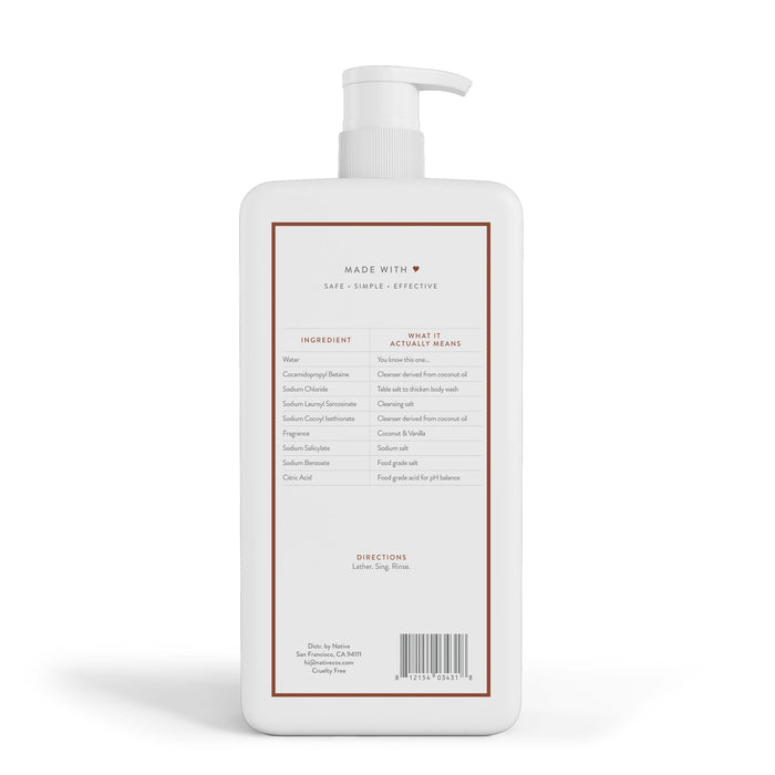 Native Natural Body Wash Pump, Coconut & Vanilla, Sulfate Free, Paraben Free, 36 oz