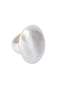 ELSHAM BOUTIQUE Nola ring in silver with a smooth domed face and brushed texture finish. Modern sculptural design.