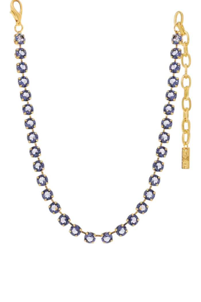 ELSHAM BOUTIQUE Oakland necklace featuring unfoiled tanzanite crystals set in antique gold-plated brass with extension