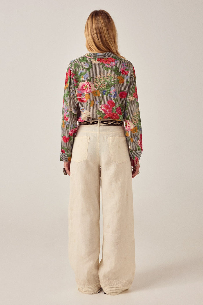 ELSHAM BOUTIQUE Otto Pant in ivory cotton-linen blend, featuring back pockets and embroidered hem, back view.