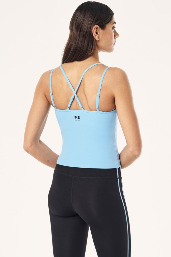ELSHAM BOUTIQUE Alaskan blue Paramount tank with double elasticated back straps and scoop neckline on a model