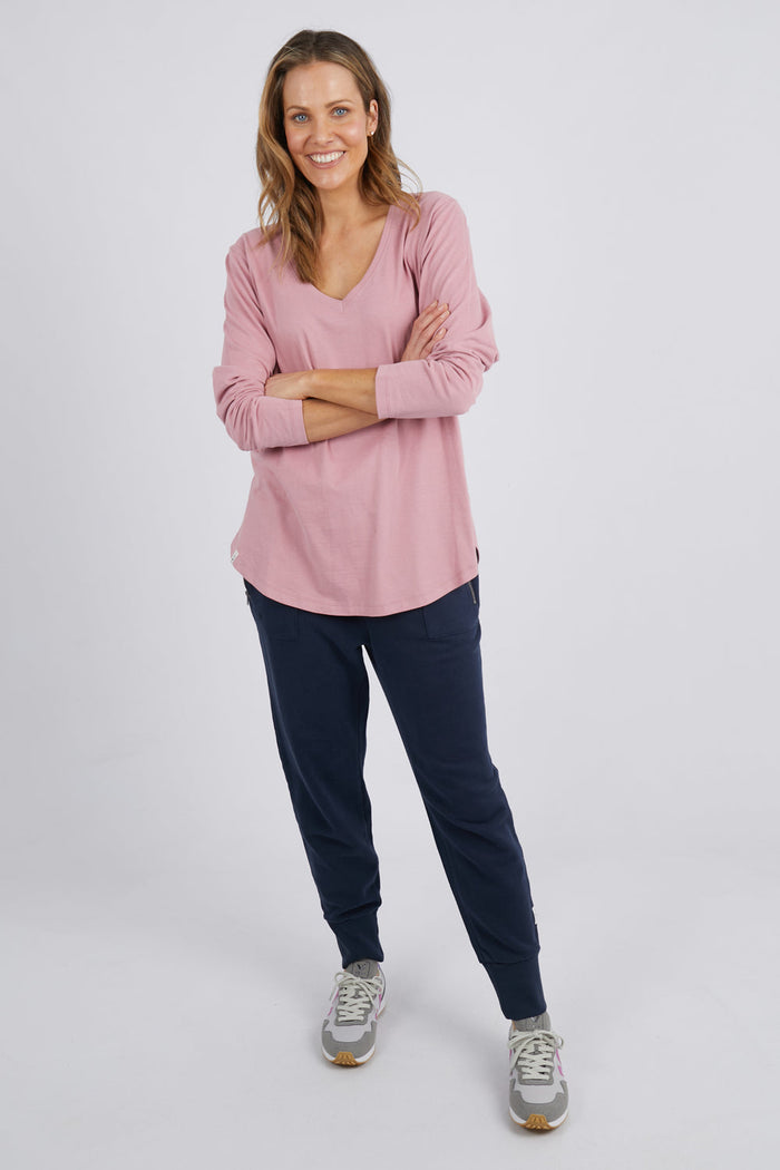 Peachy Long Sleeve  V Neck Tee | Dusty Pink