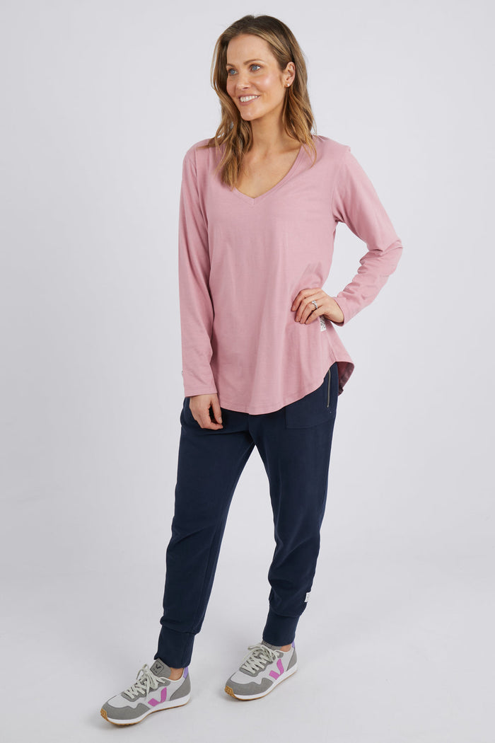 Peachy Long Sleeve  V Neck Tee | Dusty Pink