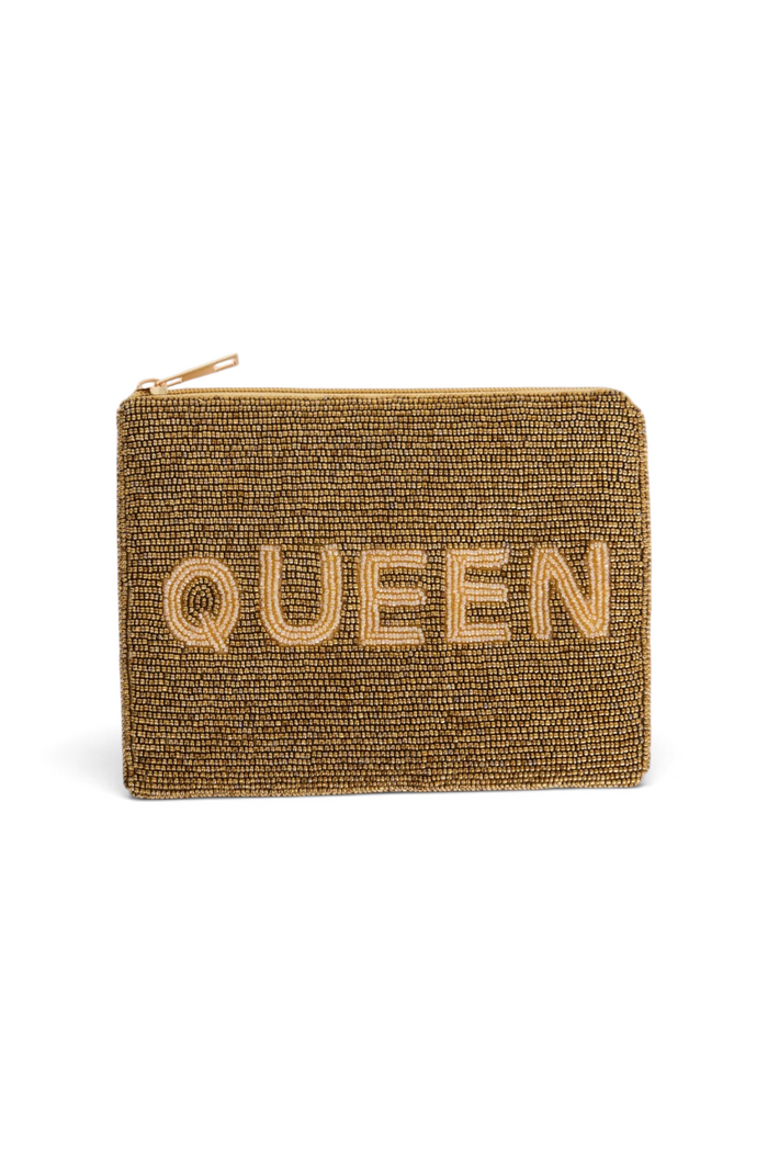 ELSHAM BOUTIQUE bronze beaded zip clutch with QUEEN lettering in a compact silhouette and cotton lining