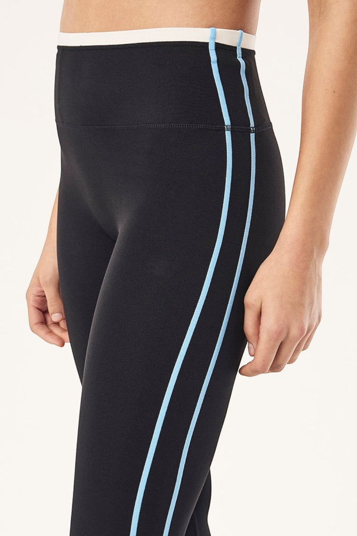 ELSHAM BOUTIQUE Radar high-rise full-length leggings in black with Alaskan blue contrast side seam stitching