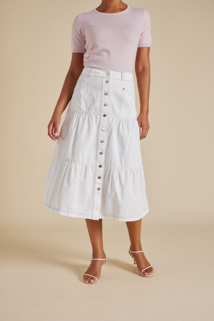 Rainbow Lotus Skirt in White Denim