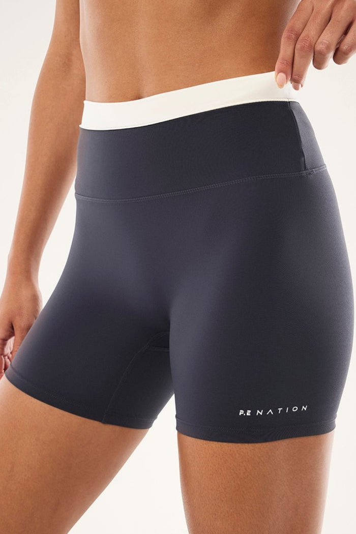ELSHAM BOUTIQUE marine blue and black high-rise 5-inch bike shorts with contrast waistband and leg branding