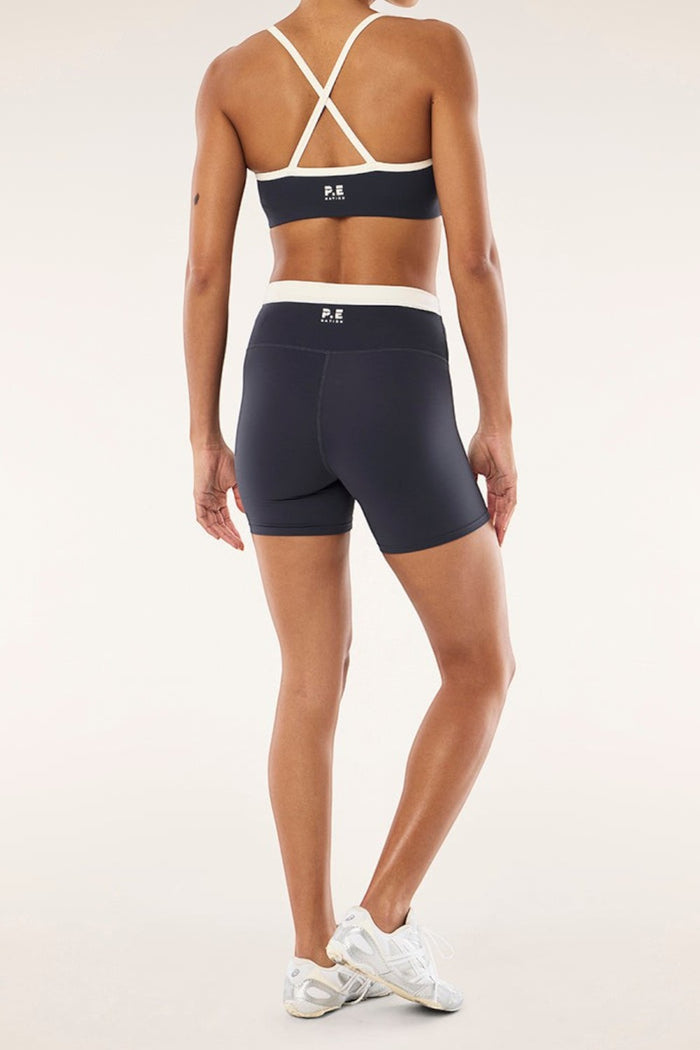 ELSHAM BOUTIQUE marine blue and black high-rise 5-inch bike shorts with contrast waistband and back logo detail