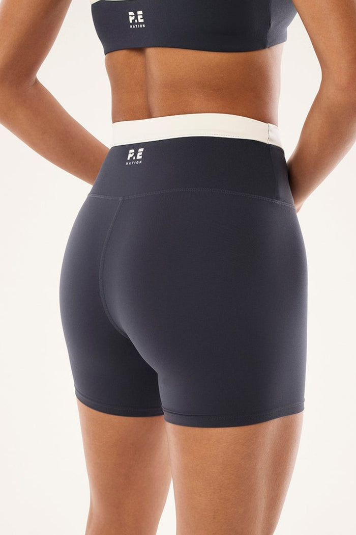 ELSHAM BOUTIQUE marine blue high-rise bike shorts with contrast waistband and logo detail, back view