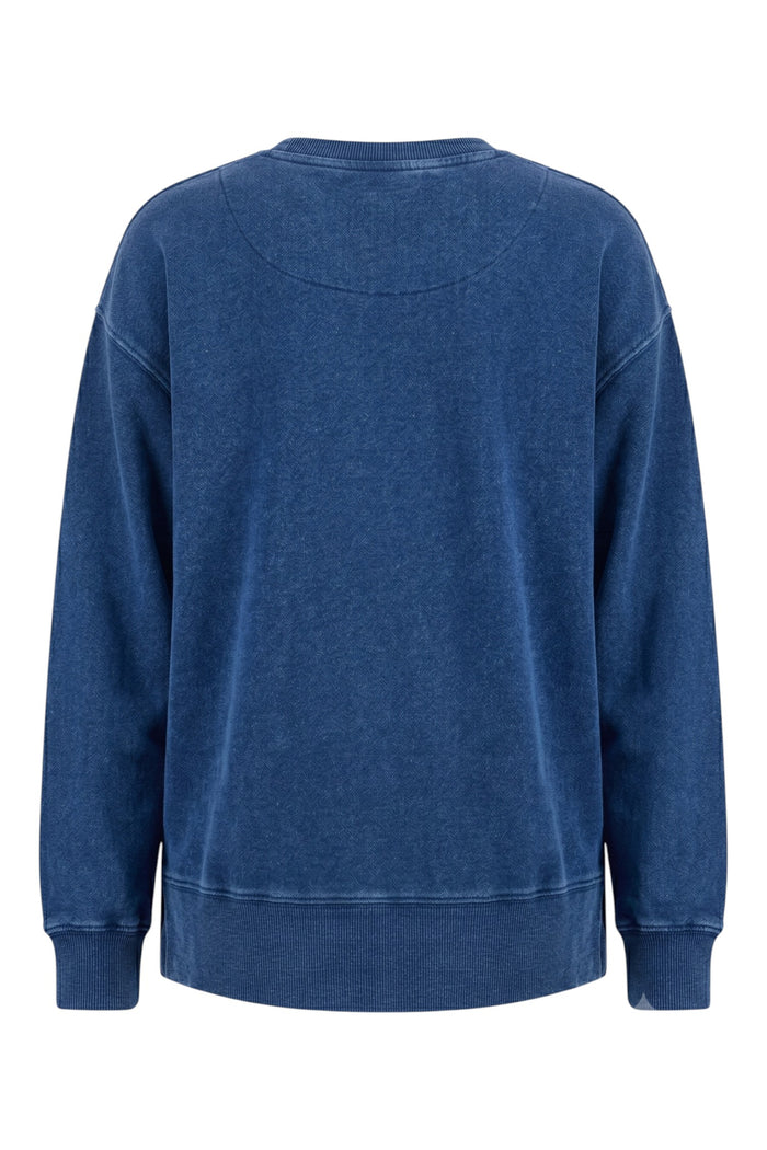 ELSHAM BOUTIQUE Remedy oversized crew neck sweatshirt in indigo blue cotton with ribbed cuffs and side splits.