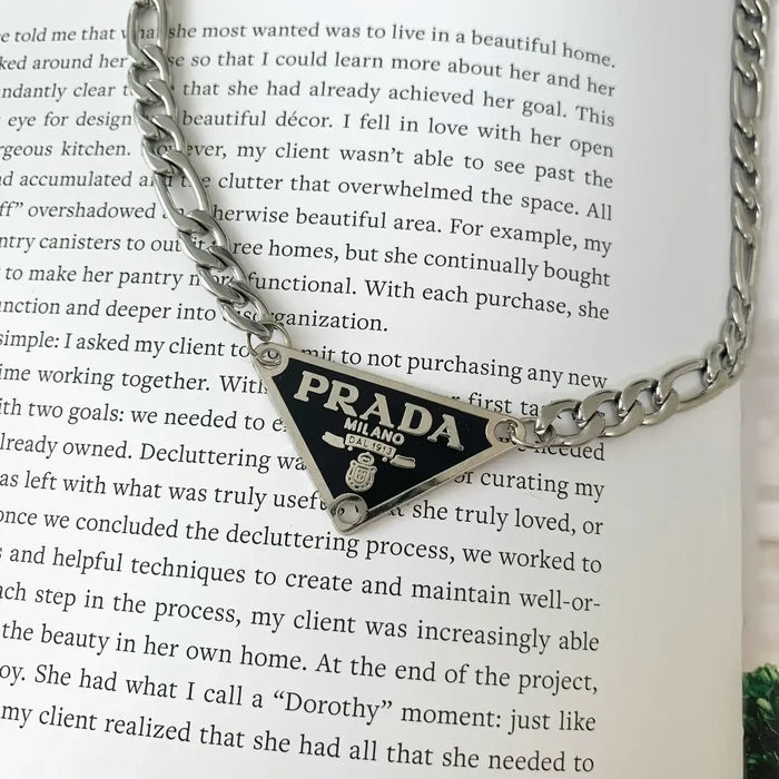 Repurposed Vintage Designer Necklace | Black & Silver Triangular Prada Logo Necklace