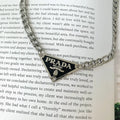 Repurposed Vintage Designer Necklace | Black & Silver Triangular Prada Logo Necklace
