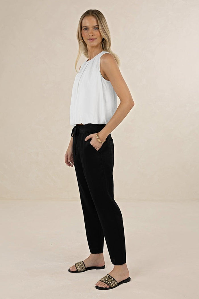 ELSHAM BOUTIQUE ivory sleeveless Samara Top in linen-tencel blend with gathered neckline and elasticated hem