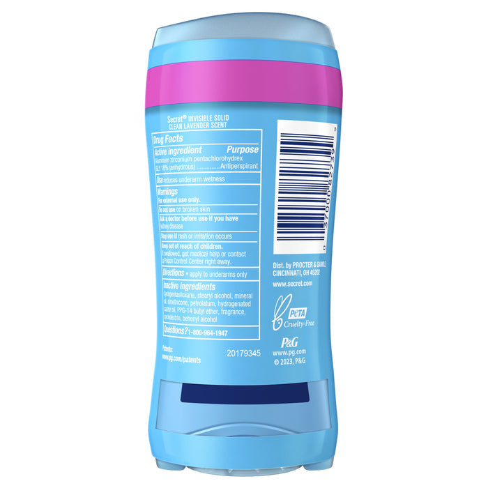 Secret Invisible Solid Antiperspirant Deodorant, Clean Lavender, 2.6 oz, Twin Pack