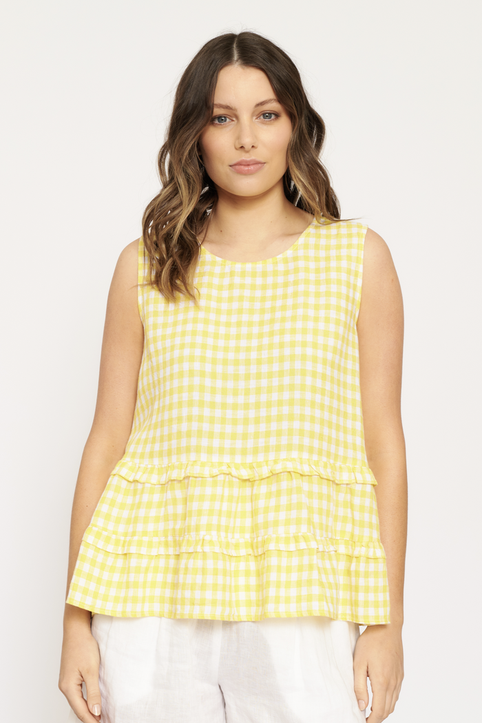 Sleeveless Toffee Tee in Banana Gingham