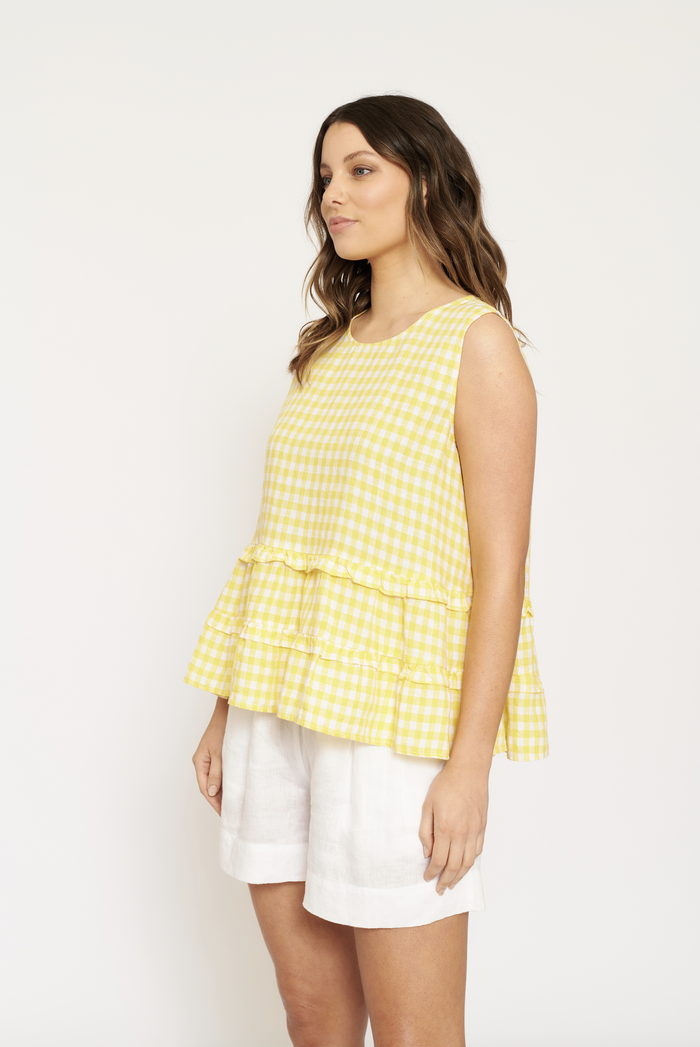 Sleeveless Toffee Tee in Banana Gingham