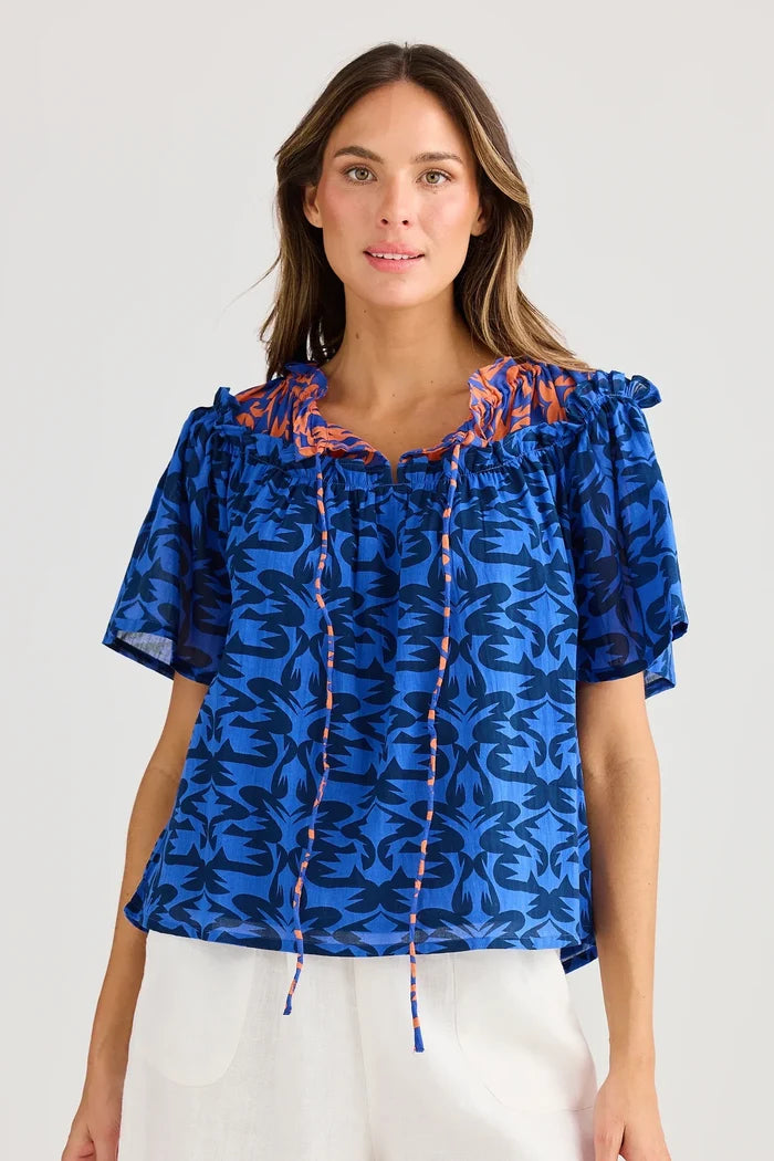 Soliel Top | Blue Mosaic Print