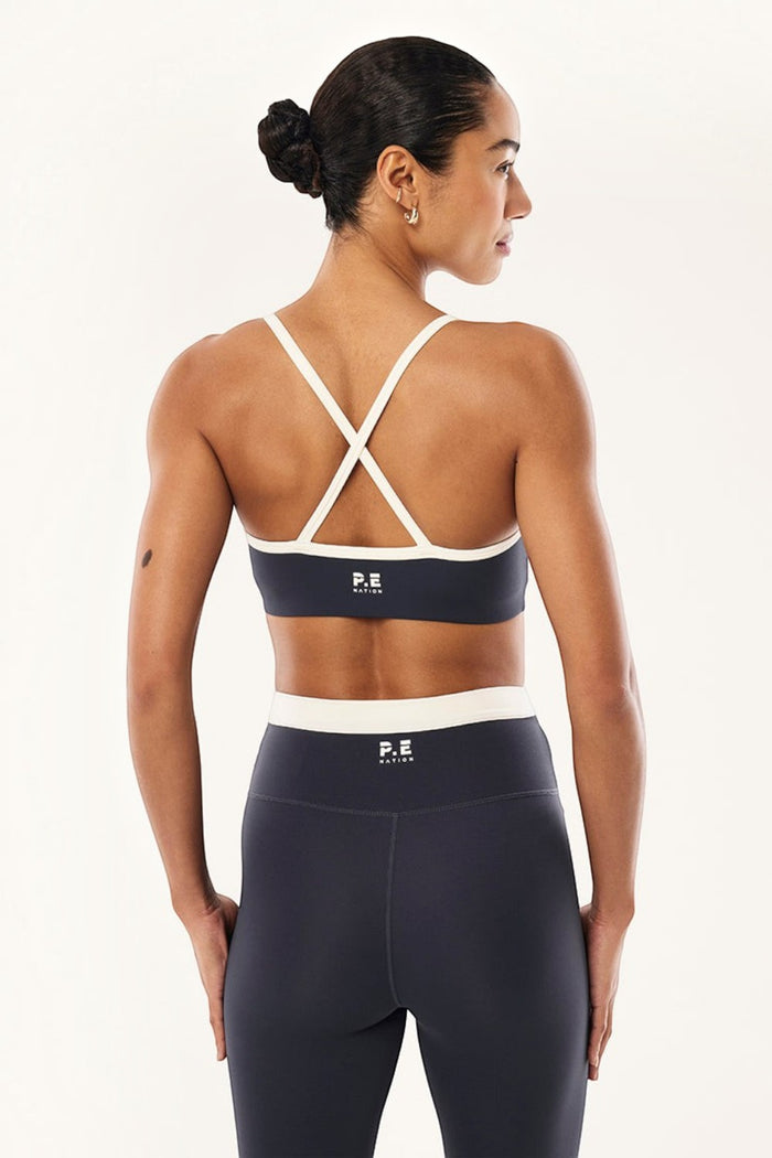 ELSHAM BOUTIQUE marine blue and whisper white cross back sports bra with adjustable straps and contrast binding