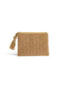 ELSHAM BOUTIQUE brown beaded stripe zip clutch with a decorative tassel pull and cotton lining
