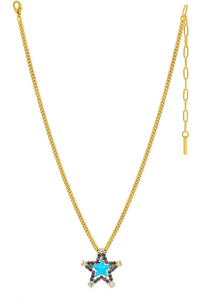 ELSHAM BOUTIQUE Sweet Star necklace featuring a light blue enamel star pendant with crystals on a gold plated chain.