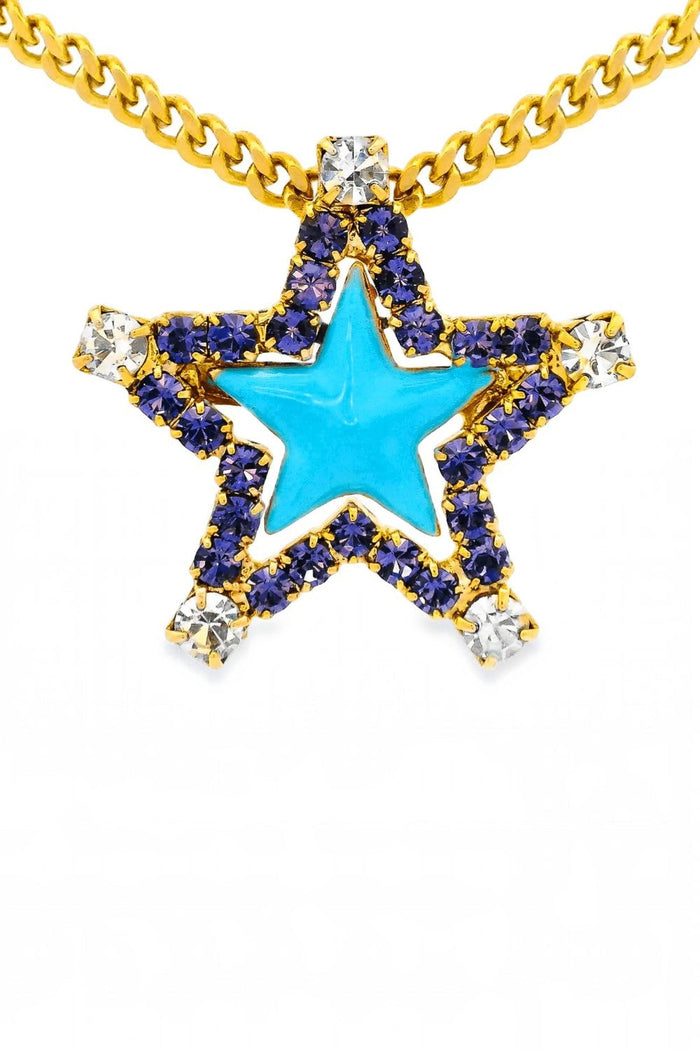 ELSHAM BOUTIQUE Sweet Star necklace featuring a light blue enamel star, purple crystals, and gold plated brass chain.