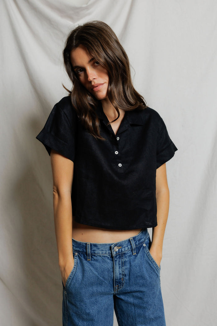 Tabitha Linen Polo Tee | True Black