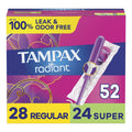 Tampax Radiant Tampons Duo Pack with LeakGuard Braid, Regular/Super Absorbency, 52 Ct