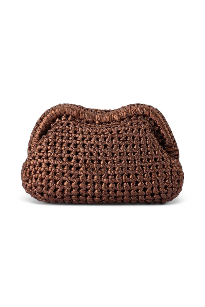 ELSHAM BOUTIQUE Taylor bronze metallic crochet clutch with a structured frame closure and elegant textured design.