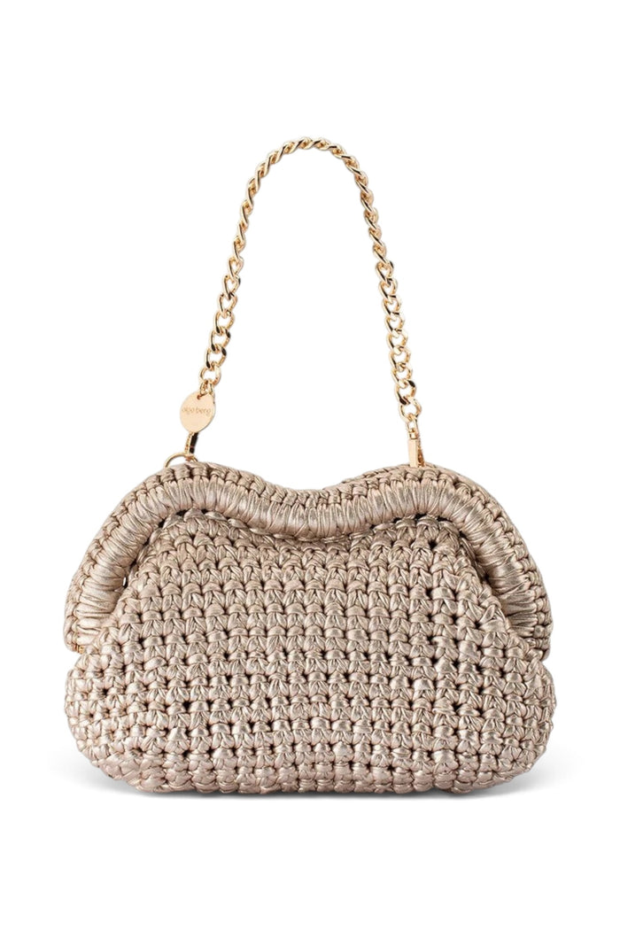 ELSHAM BOUTIQUE Taylor gold metallic crochet clutch with a short chain handle and elegant frame closure