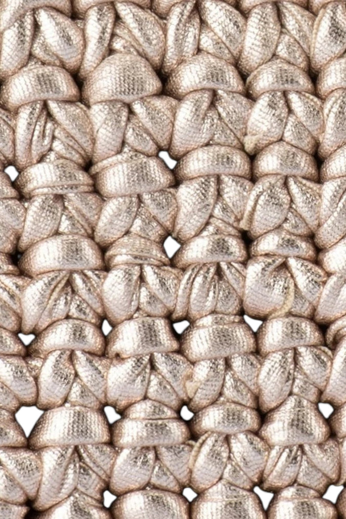 Close-up of ELSHAM BOUTIQUE Taylor crochet clutch in metallic gold, showing intricate hand-crocheted texture.