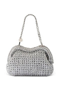 ELSHAM BOUTIQUE Taylor silver metallic crochet clutch bag with a removable chain handle and frame closure.
