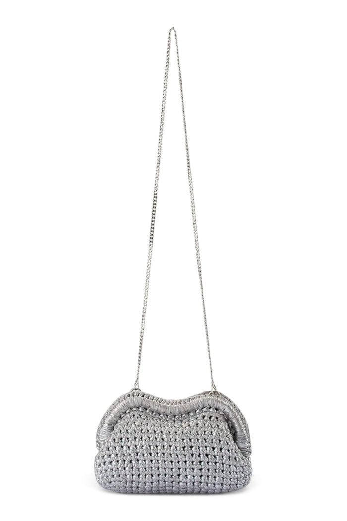 ELSHAM BOUTIQUE Taylor silver metallic crochet clutch with a frame closure and long detachable shoulder chain.