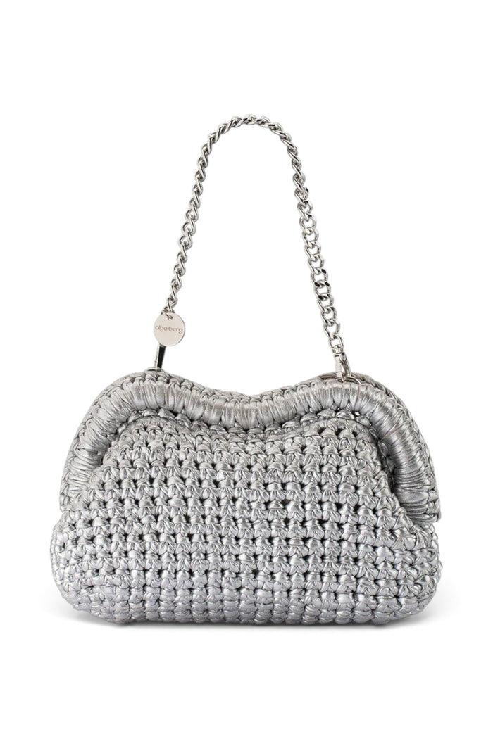 ELSHAM BOUTIQUE Taylor silver metallic crochet clutch with a frame closure and removable chain handle.