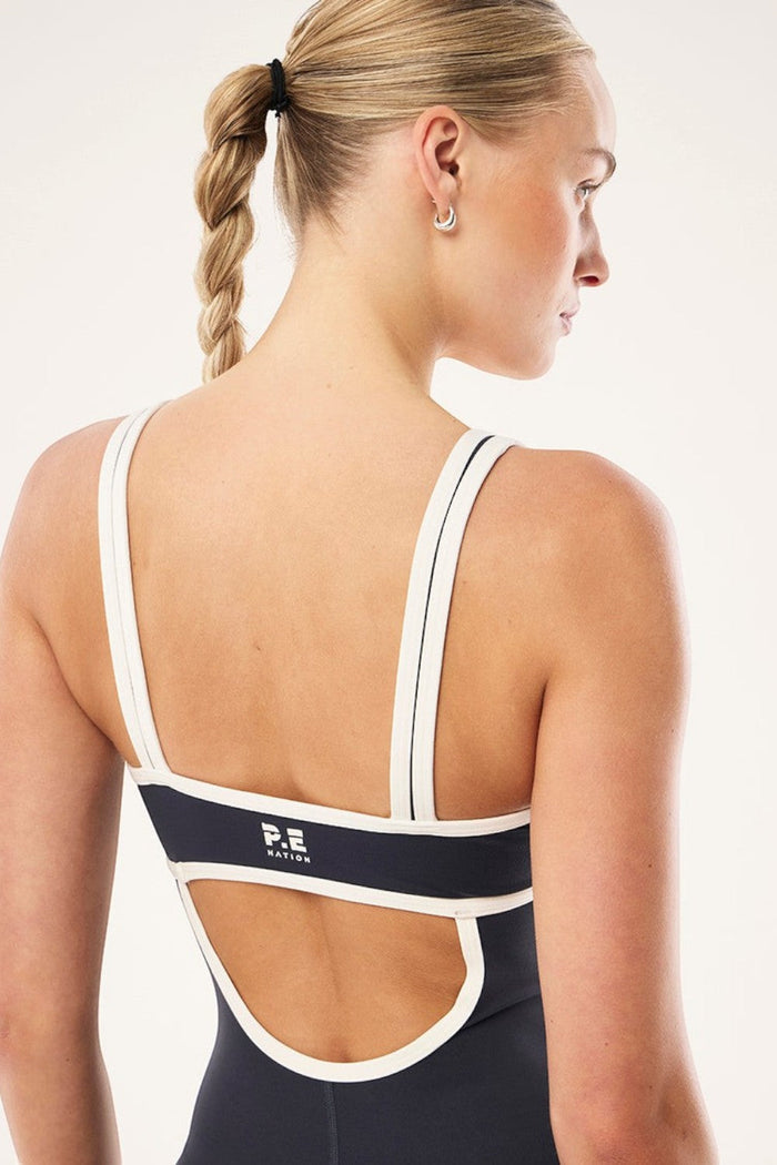 ELSHAM BOUTIQUE Solis playsuit in marine blue and black with a square neck and open back detail